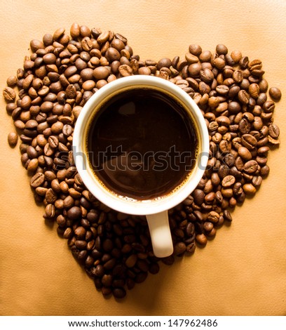 Hot coffee inside the coffee beans heart