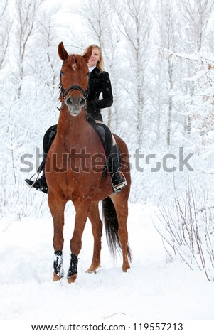 Young woman riding horse through a snowy park