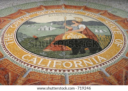 A floor mozaic of the Seal of the State of California.  This was photographed in San Francisco\'s Ferry Building.