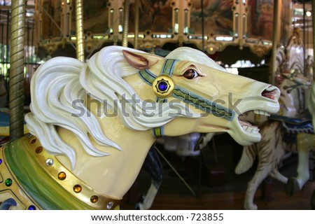 A close view of one of the painted horses on a merry-go-round ride.