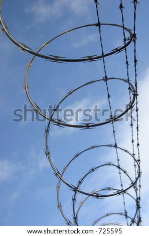 Razor wire spirals against the sky with shallow depth-of-field. Wire is in focus from top to mid-frame, then goes soft towards the bottom.