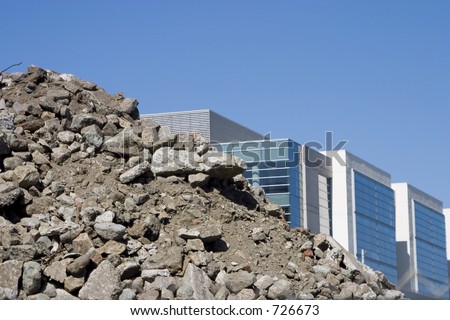 A new tech building seems to grow out of a pile of rubble in San Francisco\'s new Mission Bay development.