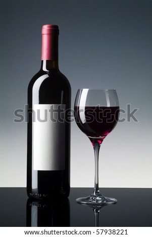 red wine bottle with blind label and glass