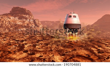 Space module landing on Mars surface. Digital illustration.