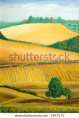 Picturesque farmland in Tuscany, Italy. Hand painted illustration.