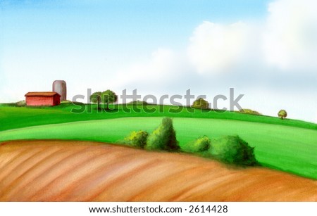 Picturesque farmland in Italy. Hand painted illustration, digitally enhanced.