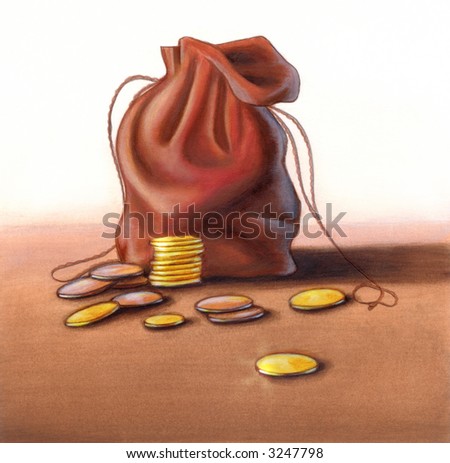 Coins and leather pouch over a flat surface. Hand painted illustration, digitally enhanced.