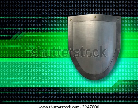 Metal shield protecting data streams. Digital illustration.