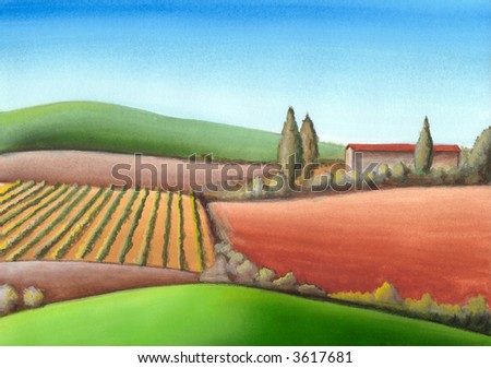 Summer farmland in Tuscany, Italy. Hand painted illustration.