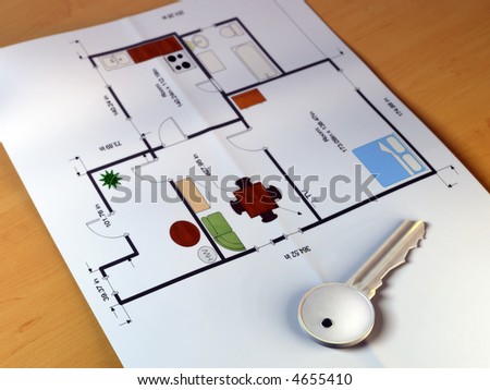 Home plan and key on a table. Digital illustration.
