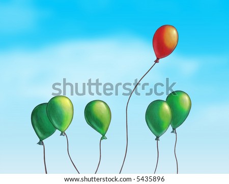 Group of colored balloons over a bright blue sky. Hand painted illustration, digitally enhanced.