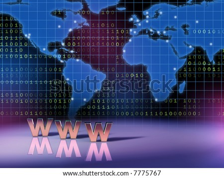World wide web symbol in front of a world map. Digital illustration.