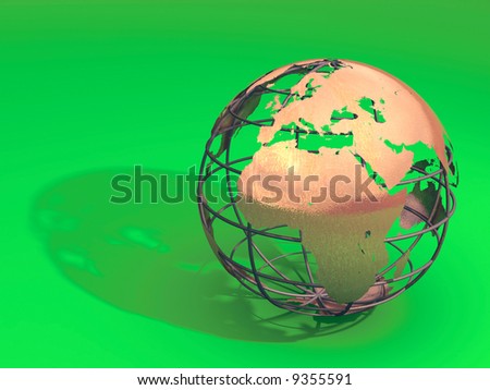 Earth metal model on green surface. Digital illustration.