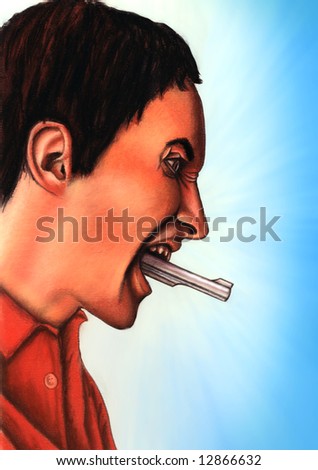 Man shouting with a gun coming out from his open mouth. Original hand painted illustration.