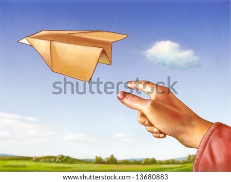 Hand throwing a paper plane through a clear blue sky. Mixed media illustration.