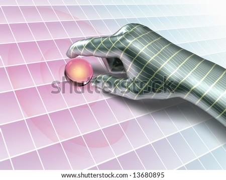 Cybernetic hand picking up a data sphere. Digital illustration.