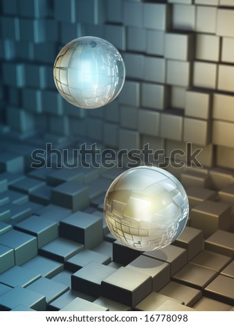 Data spheres floating in a high technology space. Digital illustration.