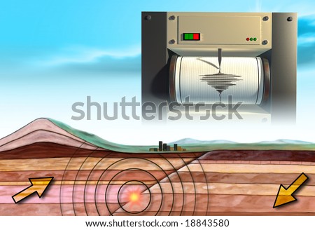 Earthquake schematic showing an earth cross-section and a seismograph. Digital illustration.