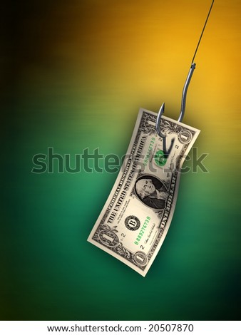 Dollar bill hanging from a hook. Digital illustration.