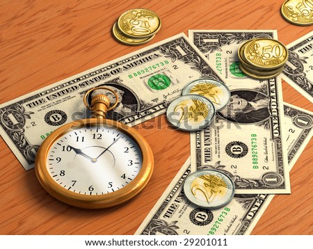Money concept showing and old pocket watch and some dollars and euros. Digital illustration.