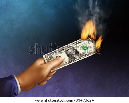 Businessman\'s hand holding a burning dollar. Digital illustration.