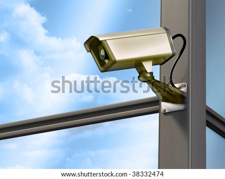 Surveillance cam on a modern building structure. Digital illustration.