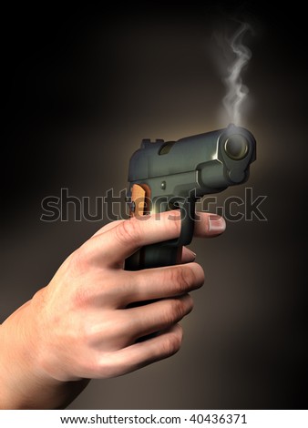 Smoking gun held by a male hand. Digital illustration, clipping path included.