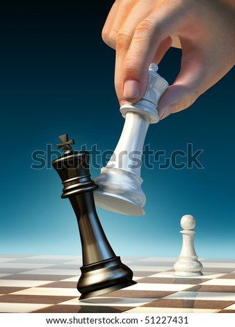 White queen moves to win a chess game. Digital illustration.