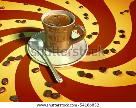 Coffee cup and coffee beans on a colorful swirling surface. Digital illustration.