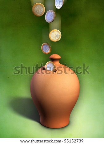 Euro coins entering a terracotta money box. Digital illustration, clipping path included.