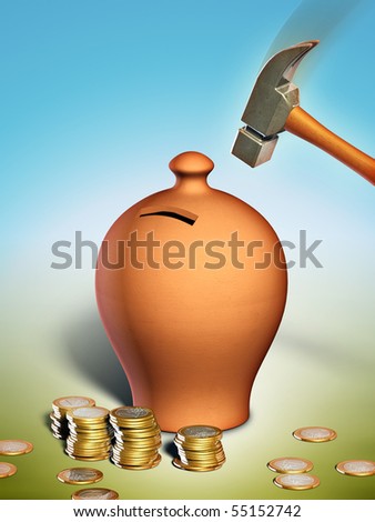 Hammer hitting a terracotta money box. Digital illustration, clipping path included.