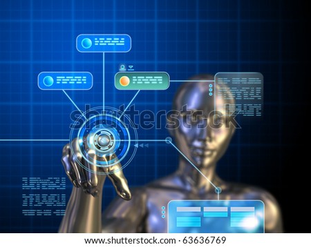 Female android using a futuristic interface. Digital illustration.