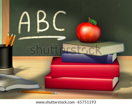 Some books and a pencil holder on a wooden table. A juicy red apple is standing on the books. Digital illustration.
