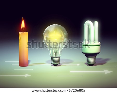 From candle to energy saving bulb: the evolution of light. Digital illustration.