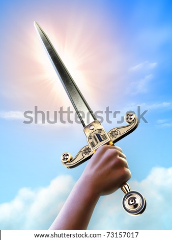 Male hand holding a short sword over a bright sky background, clipping path allows to separate hand and sword from background. Digital illustration.