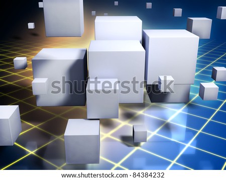 Different sized white cubes float in a digital dimension on a blue and yellow background. Digital illustration.
