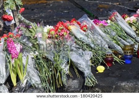 Flowers on the barricades of Kiev in place of death during a riot in February 2014 during the political crisis in Ukraine