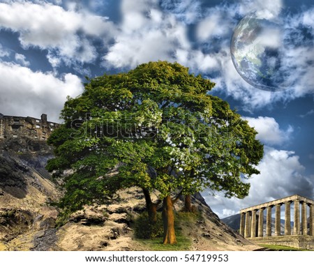 View of mountain range with huge tree and ancient buildings. Planet Earth is visible on sky.
