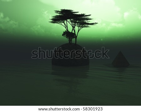 Green fantasy sunset with pyramid and trees on rock in shape of globe in sea