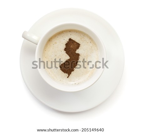 A cup of coffee with foam and powder in the shape of New Jersey.(series)