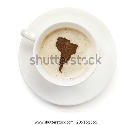 A cup of coffee with foam and powder in the shape of America.(series)