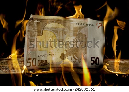 A single 50 euro money bill on a piece of wood just about to start burn.