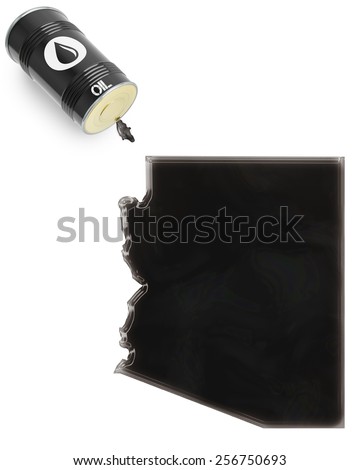 Barrel of oil and a glossy spill in the shape of Arizona (series)