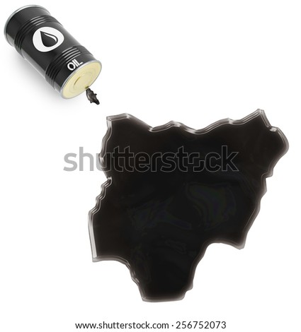 Barrel of oil and a glossy spill in the shape of Nigeria (series)