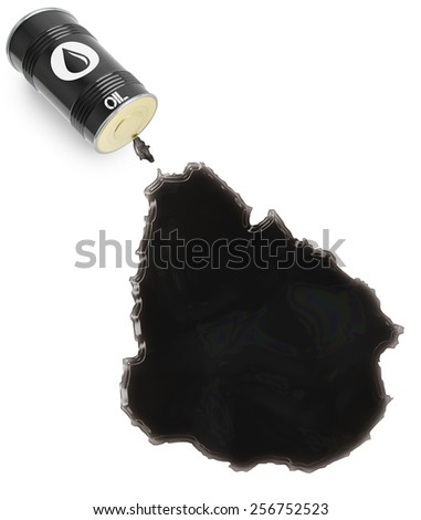 Barrel of oil and a glossy spill in the shape of Uruguay (series)
