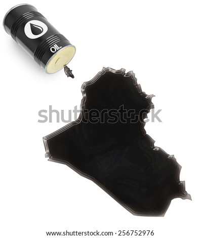 Barrel of oil and a glossy spill in the shape of Iraq (series)