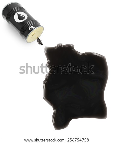 Barrel of oil and a glossy spill in the shape of Cote d\'Ivoire (series)