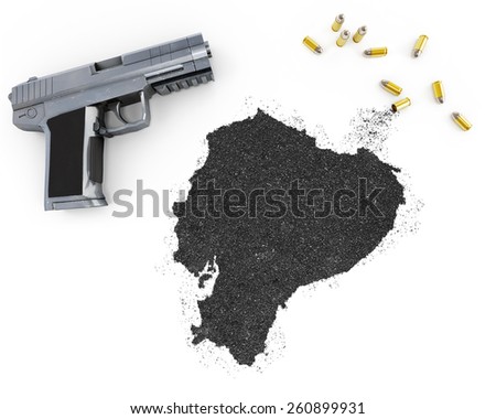 Gunpowder forming the shape of Ecuador and a handgun.(series)