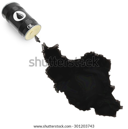 Barrel of oil and a glossy spill in the shape of Iran (series)