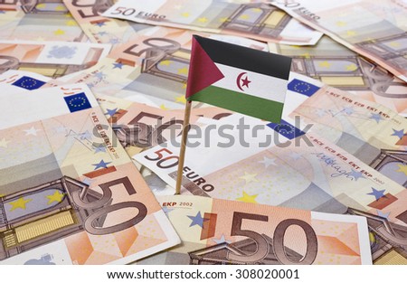 Flag of Western Sahara sticking in european banknotes.(series)